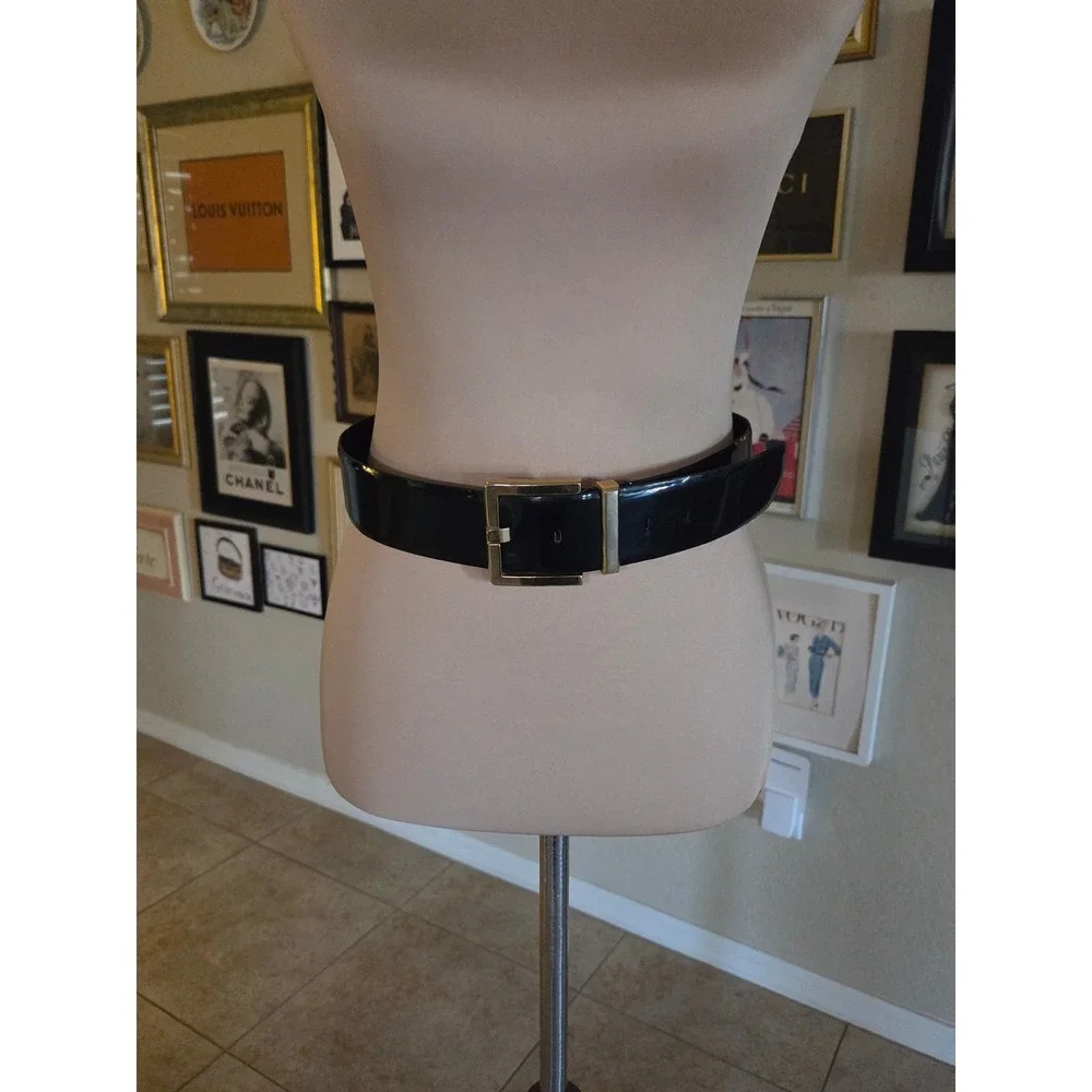 80's Black Patent Genuine Leather Wide Waist‎ Belt Brass Buckle Medium Taiwan